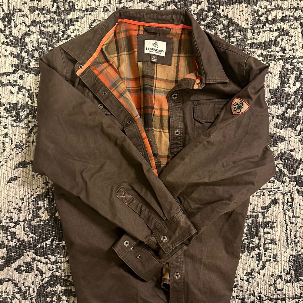 Legendary Whitetails Brown Shirt Jacket with Orange Plaid